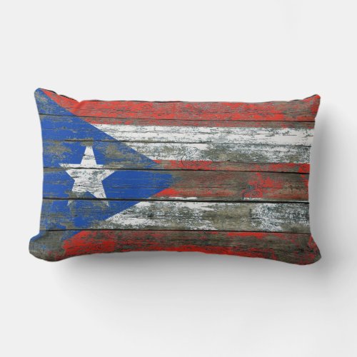 Puerto Rican Flag on Rough Wood Boards Effect Lumbar Pillow