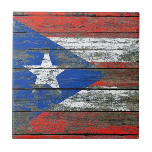 Puerto Rican Flag on Rough Wood Boards Effect Tile
