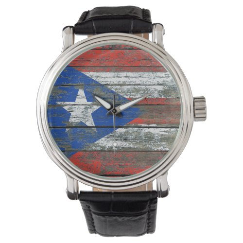 Puerto Rican Flag on Rough Wood Boards Effect Watch