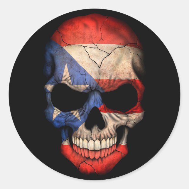 Puerto Rican Flag Skull on Black Classic Round Sticker (Front)