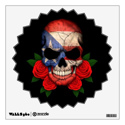 Puerto Rican Flag Skull with Red Roses Wall Decal