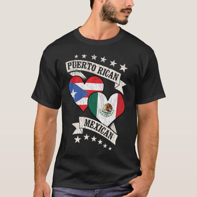 Puerto Rican Mexican Heart Flags T-Shirt (Front)