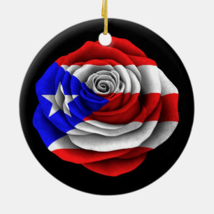 Puerto Rican Rose Flag on Black Ceramic Ornament