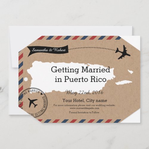 Puerto Rico Airmail Luggage Tag Save Dates Invitation