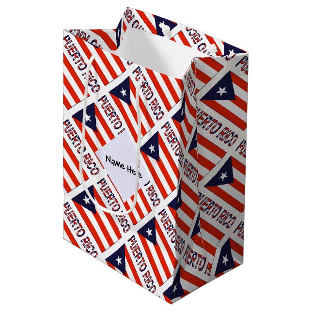 Puerto Rico and Puerto Rican Flag Tiled Your Name Medium Gift Bag (Front Angled)