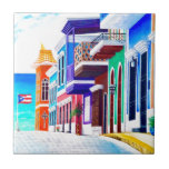 Puerto Rico Ceramic Tile<br><div class="desc">Painting of  a street in San Juan,  Puerto Rico with the Puerto Rican flag,  colorful buildings and plants.</div>