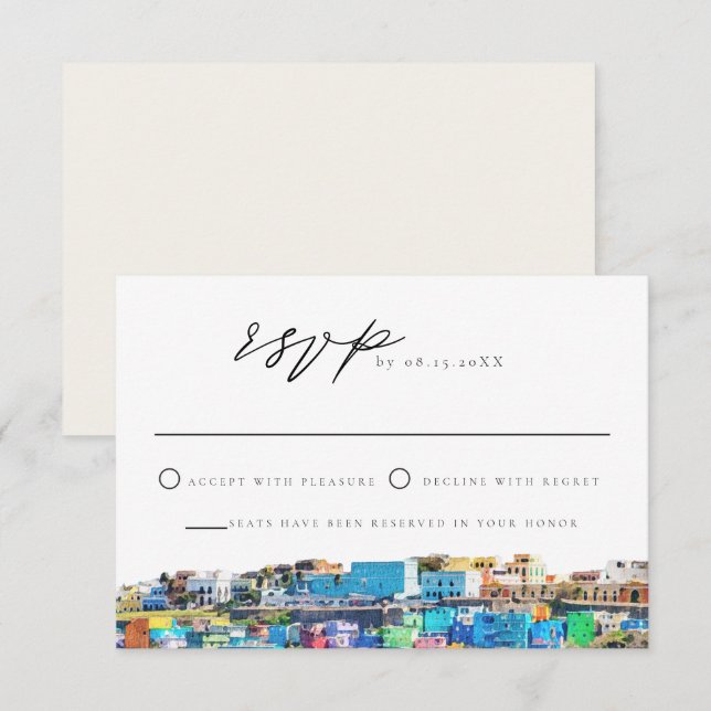 PUERTO RICO Colorful Buildings Skyline RSVP Card (Front/Back)