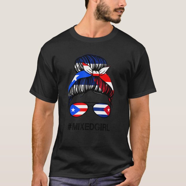 Puerto Rico Cuba Flag Puerto Rican Cuban Messy Bun T-Shirt (Front)