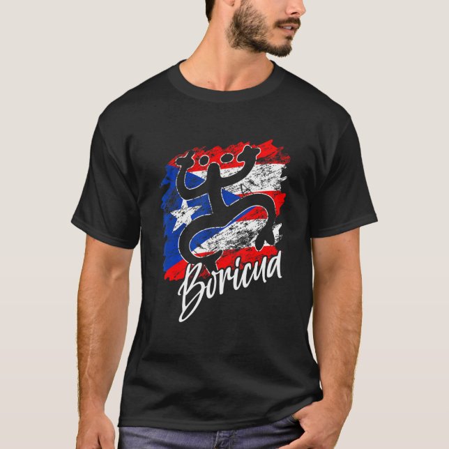 Puerto Rico Distressed Rican Roots Coqui Taino Bor T-Shirt (Front)