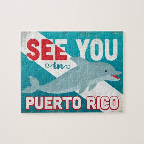 Puerto Rico Dolphin - Retro Vintage Travel Jigsaw Puzzle