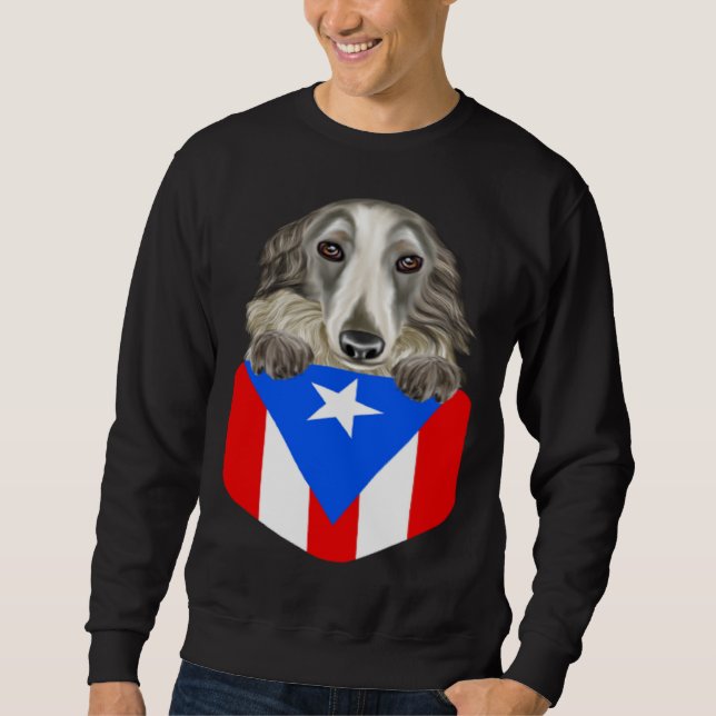 Puerto Rico Flag Borzoi Dog In Pocket Sweatshirt (Front)