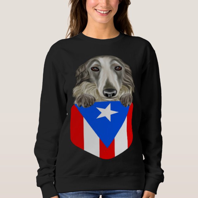 Puerto Rico Flag Borzoi Dog In Pocket Sweatshirt (Front)