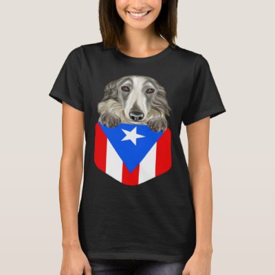 Puerto Rico Flag Borzoi Dog In Pocket T-Shirt