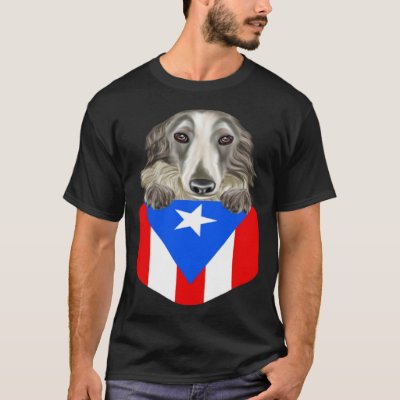 Puerto Rico Flag Borzoi Dog In Pocket T-Shirt