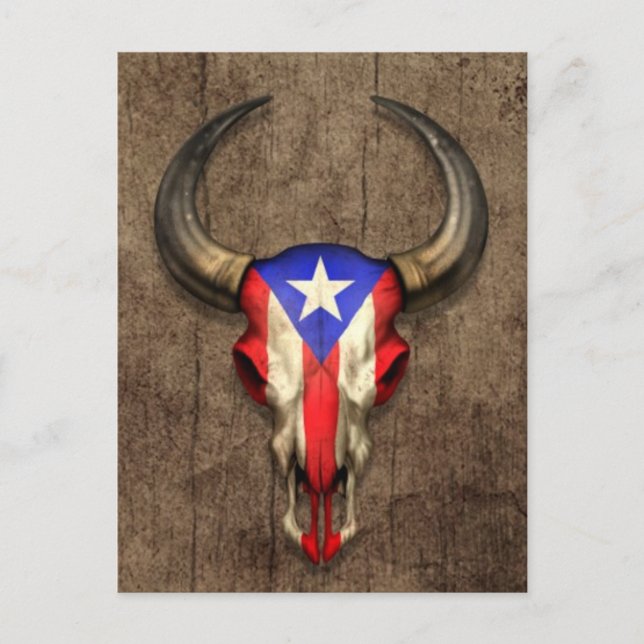 Puerto Rico Flag Bull Skull on Wood Effect Postcard (Front)