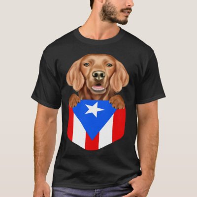 Puerto Rico Flag Irish Setter Dog In Pocket T-Shirt