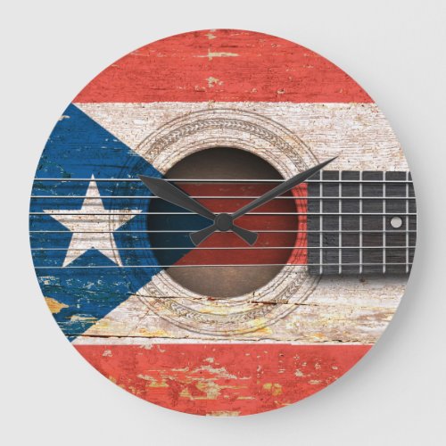Puerto Rico Flag on Old Acoustic Guitar Large Clock