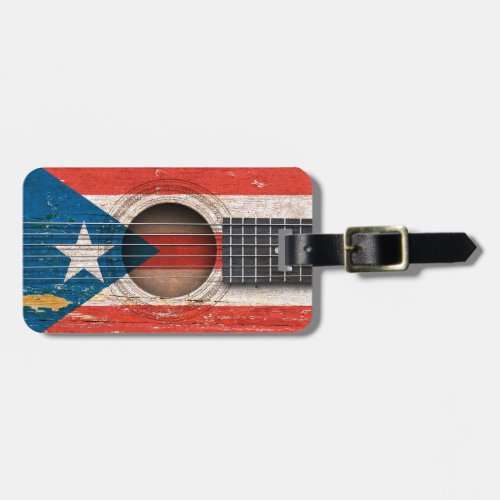 Puerto Rico Flag on Old Acoustic Guitar Luggage Tag