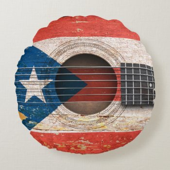 Puerto Rico Flag On Old Acoustic Guitar Round Pillow by UniqueFlags at Zazzle