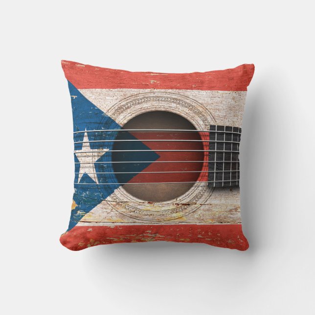 Puerto Rico Flag on Old Acoustic Guitar Throw Pillow (Front)