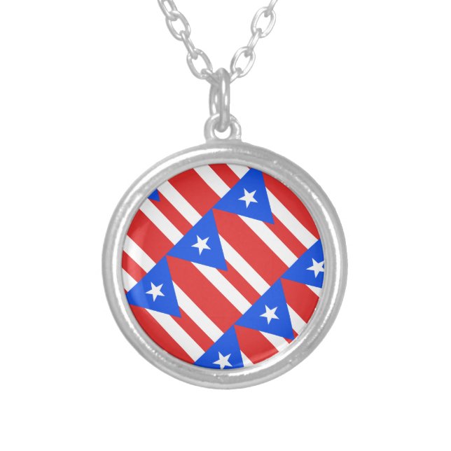 Puerto Rico Flag Round Silver Plated Necklace (Front)