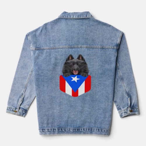 Puerto Rico Flag Schipperke Dog In Pocket  Denim Jacket