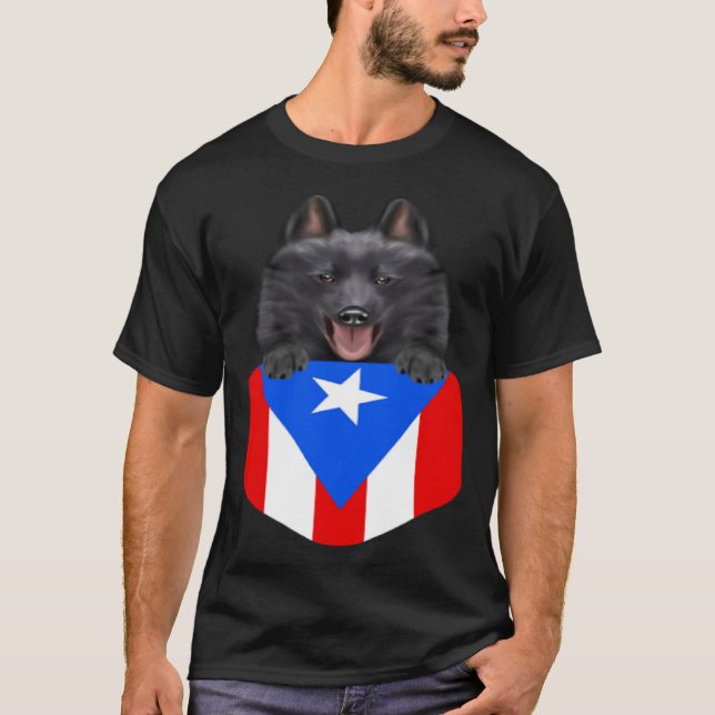 Puerto Rico Flag Schipperke Dog In Pocket T-Shirt (Front)