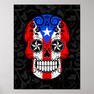 Puerto Rico Flag Sugar Skull with Roses Poster