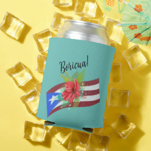 Puerto Rico flag with flor de maga boricua Can Cooler
