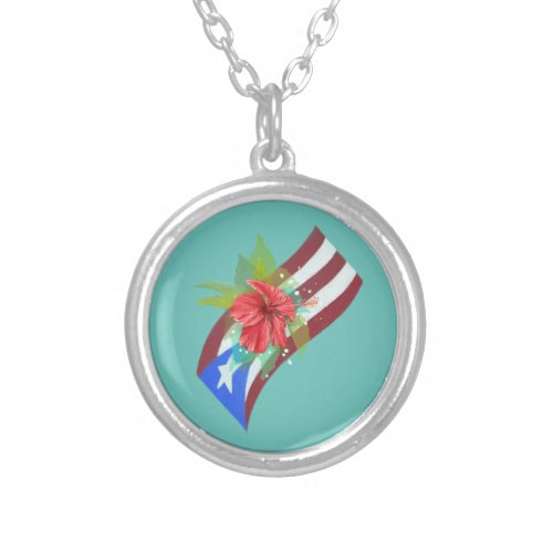 Puerto Rico flag with flor de maga boricua Silver Plated Necklace