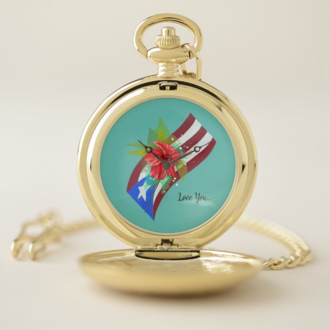 Puerto Rico flag with flor de maga  Pocket Watch (Inside)