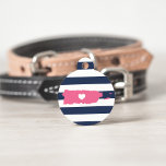 Puerto Rico Heart Pet ID Tag<br><div class="desc">Let your furry friend show some home town pride with this cute Puerto Rico pet ID tag. Design features a white silhouette map of the island of Puerto Rico in pink with a white heart inside, on a preppy navy blue and white stripe background. Add your pet's name and contact...</div>