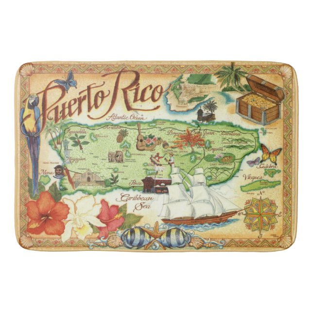 Puerto Rico Illustrated Map Bath Mat Rug (Front)