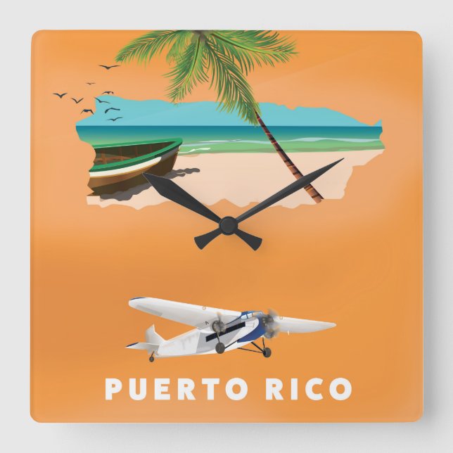 Puerto Rico illustrated map travel poster. Square Wall Clock (Front)