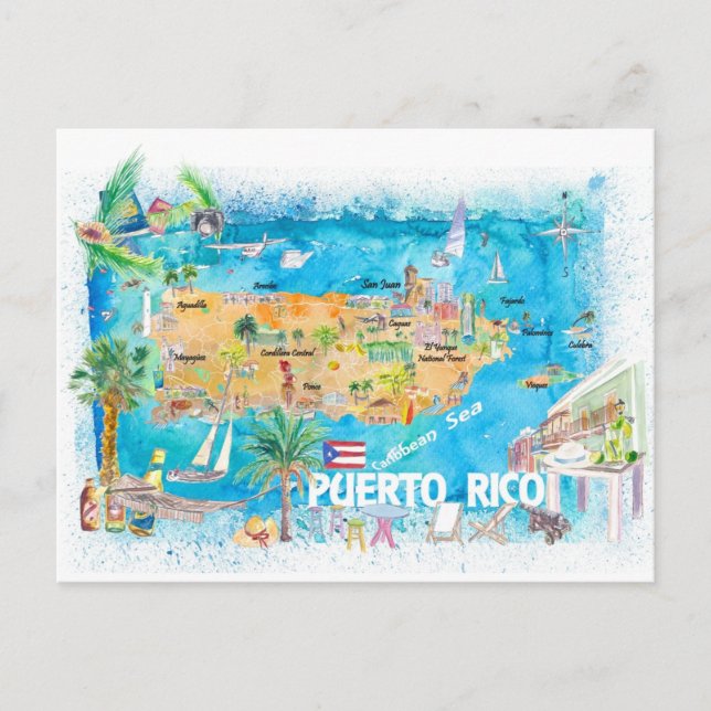 Puerto Rico Islands Illustrated Travel Map  Postcard (Front)