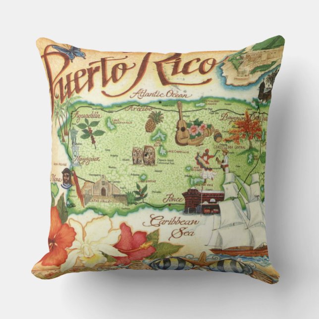 Puerto Rico Map Throw Pillow (Front)