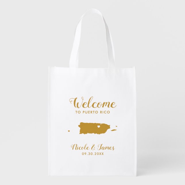 Puerto Rico Map Wedding Welcome Bag, Gold Tote Bag (Front)