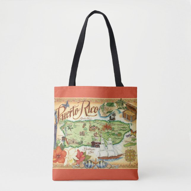 Puerto Rico Postcard Map Shoulder Tote (Front)