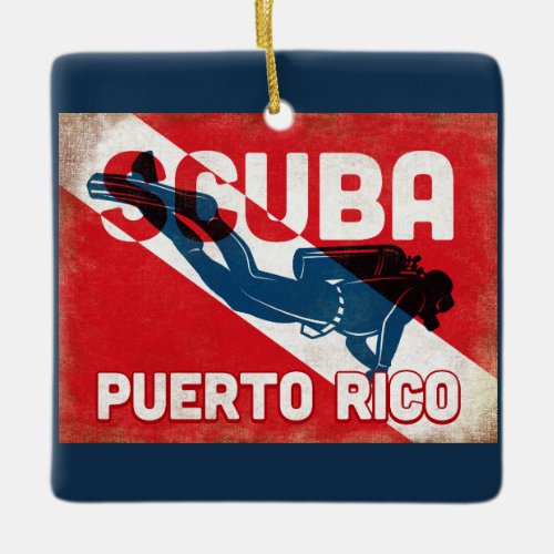 Puerto Rico Scuba Diver _ Blue Retro Ceramic Ornament