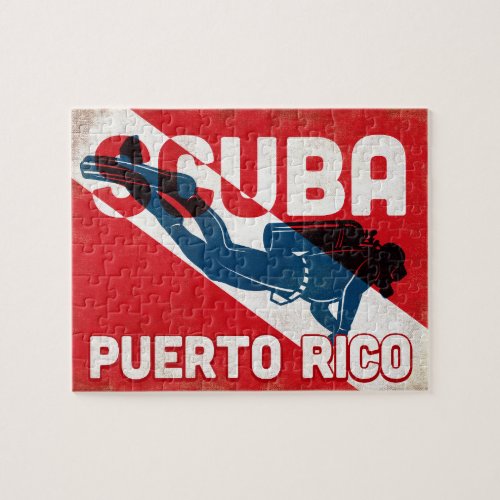 Puerto Rico Scuba Diver _ Blue Retro Jigsaw Puzzle