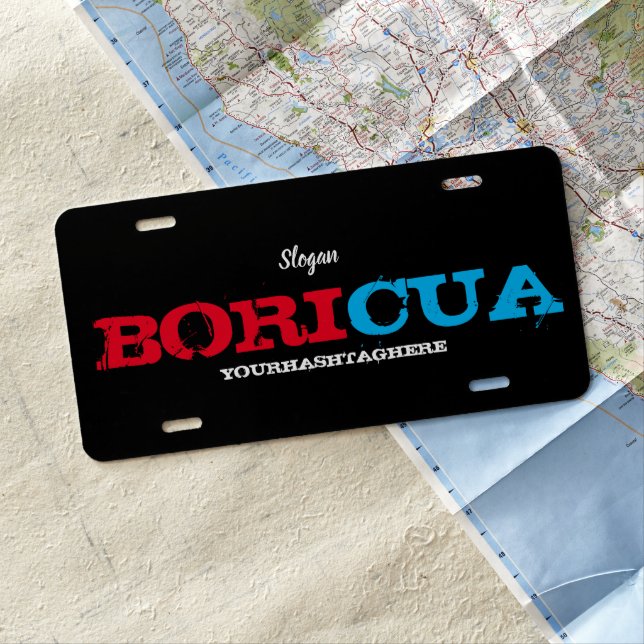 Puerto Rico Themed Blue Red Color Block Letter License Plate (In Situ)