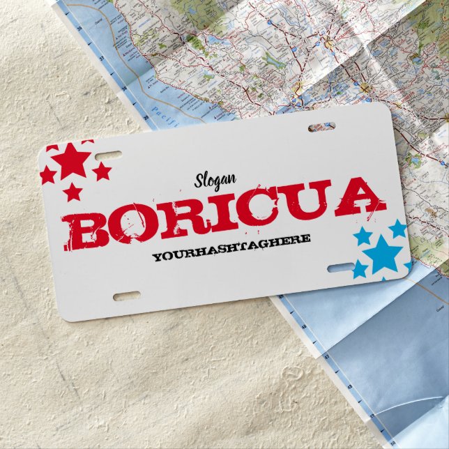 Puerto Rico Themed Blue Red Stars Slogan License Plate (In Situ)