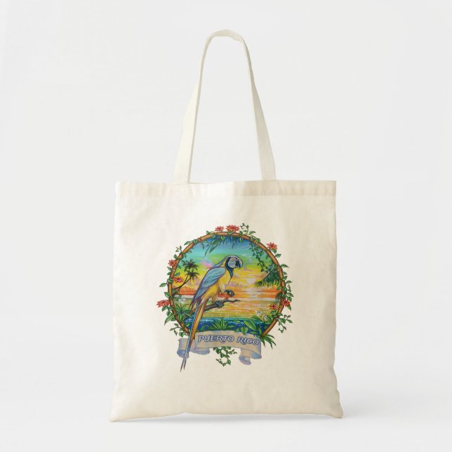 Puerto Rico, Vintage Tropical Parrot Vacation Tote Bag (Front)