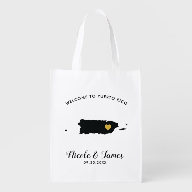 Puerto Rico Wedding Welcome Bag, Black and Gold Grocery Bag (Front)