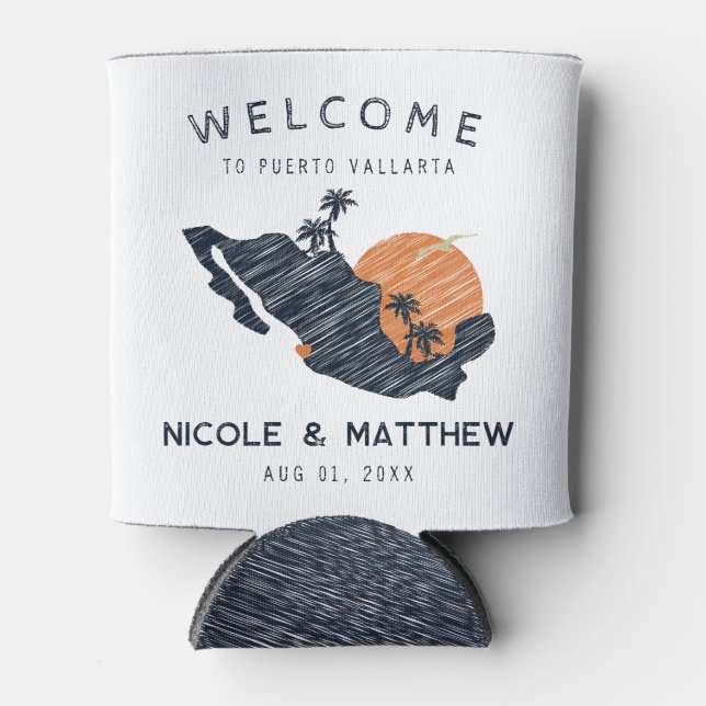 Puerto Vallarta Mexico Navy Map Wedding Welcome Can Cooler (Front)