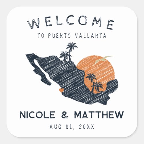 Puerto Vallarta Mexico Navy Map Wedding Welcome Square Sticker