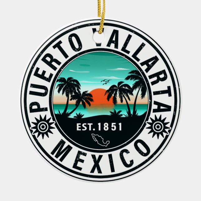 Puerto Vallarta Mexico Retro Sunset Souvenirs 60s Ceramic Ornament (Front)