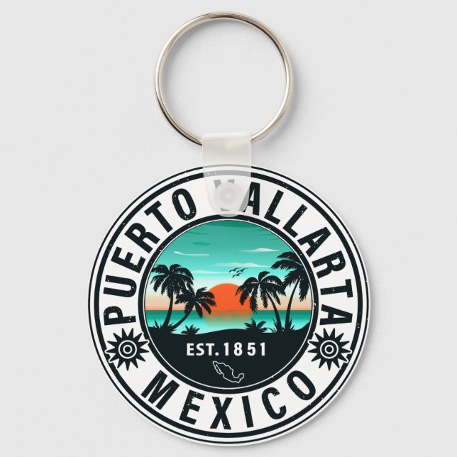 Puerto Vallarta Mexico Retro Sunset Souvenirs 60s Keychain (Front)