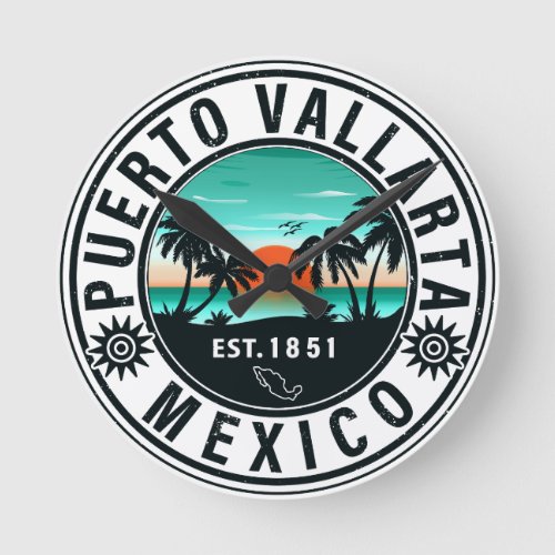 Puerto Vallarta Mexico Retro Sunset Souvenirs 60s Round Clock