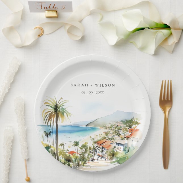 Puerto Vallarta Mexico Watercolor scape Wedding Paper Plates (Wedding)